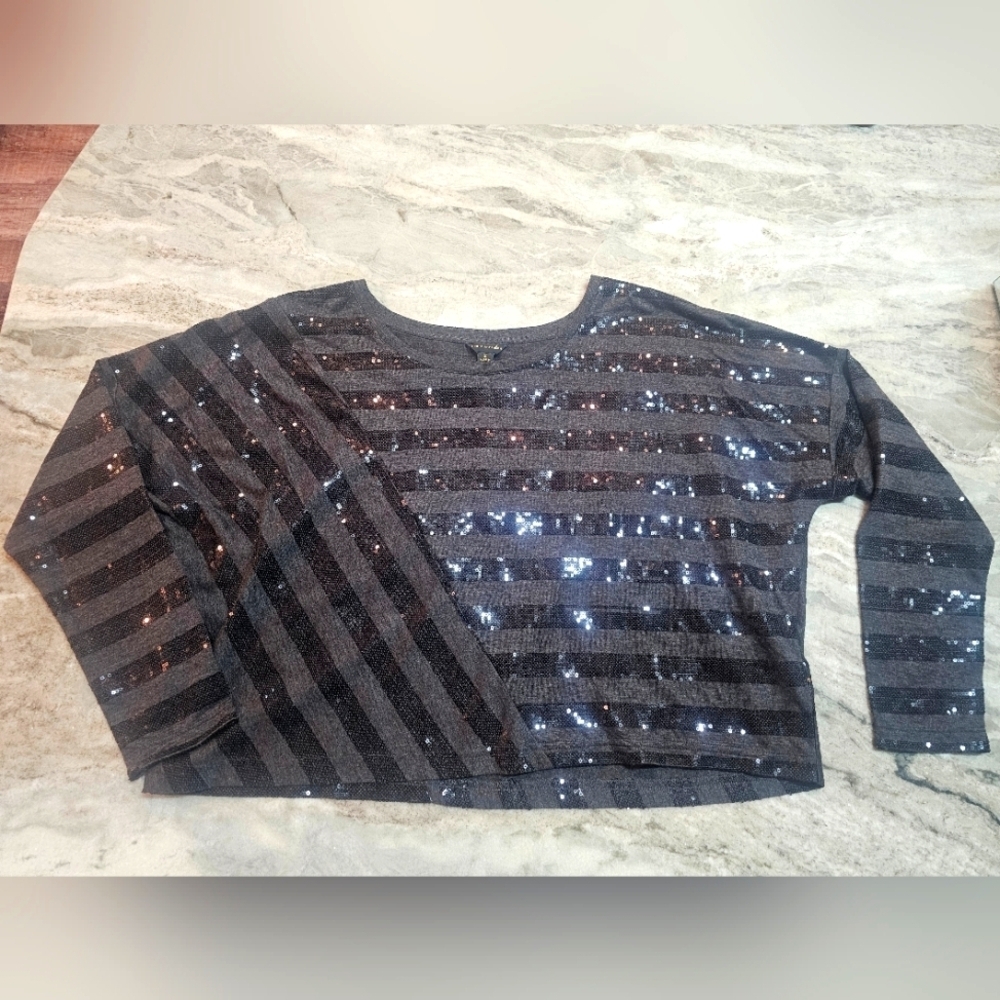 House of Deréon Black Sequin Striped Long Sleeve Knit Top Size M